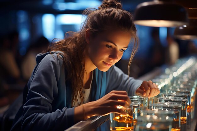 バーで電球を背景にしたガラスのディスプレイを見ている女性。