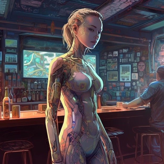 A woman in a bar with a tattoo on her arm