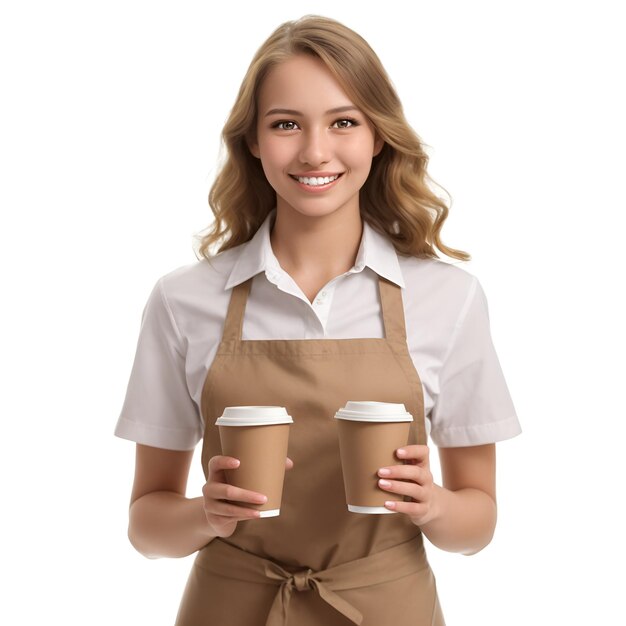 woman barista light brown apron serving coffee images with ai generated