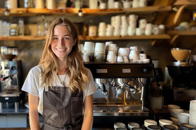 A woman barista standing confidently in her coffee shop