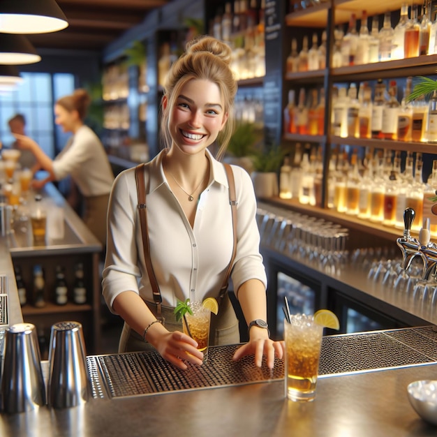 Photo woman bartender smile at labor day