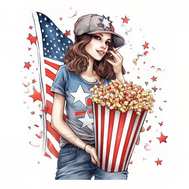 A woman in a baseball cap and a large bag of popcorn