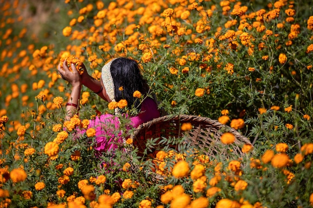 Женщина в корзине сидит в поле цветов.