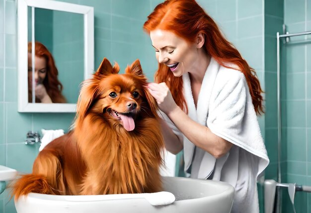 Photo a woman in a bath tub with a dog in the tub