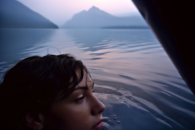 Woman bathing in a lake at sunset with water up to her neck Ai generated