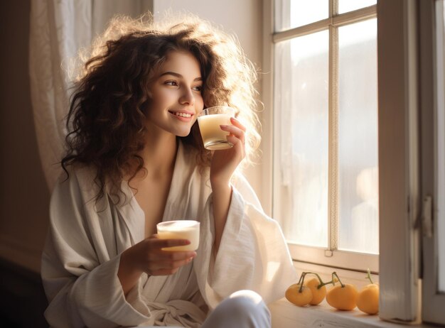 Photo woman in bathrobe sits at window sill enjoying tea