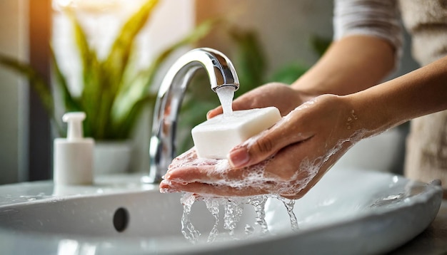화장실 에서 손 을 비누 로 청소 하는 여자 는 위생, 청결, 건강 을 묘사 한다