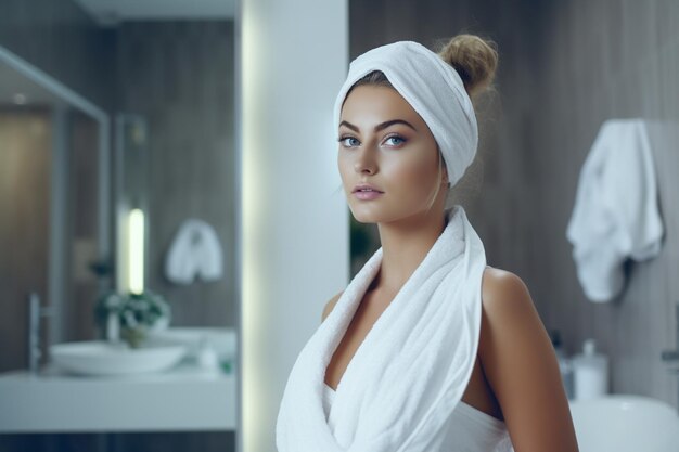 Woman in the bathroom with a towel on her head in front of a mirror