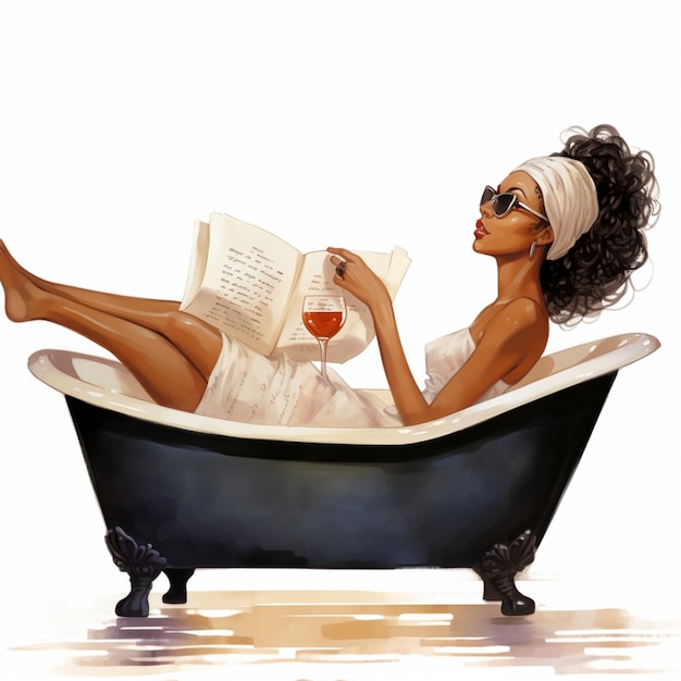 Foto donna in una vasca da bagno che legge un libro e beve vino generativo ai