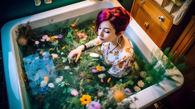 A woman in a bathtub with flowers on it