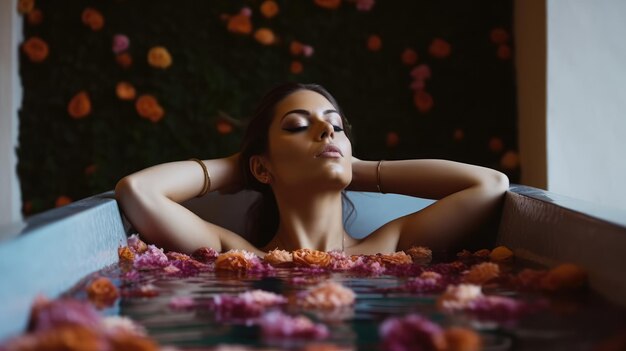 Foto una donna in una vasca da bagno con fiori sul muro