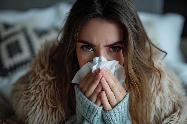 Woman battling winter cold at home with a white tissue