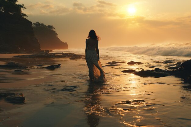 Woman on the beach in evening beautiful scene generated ai