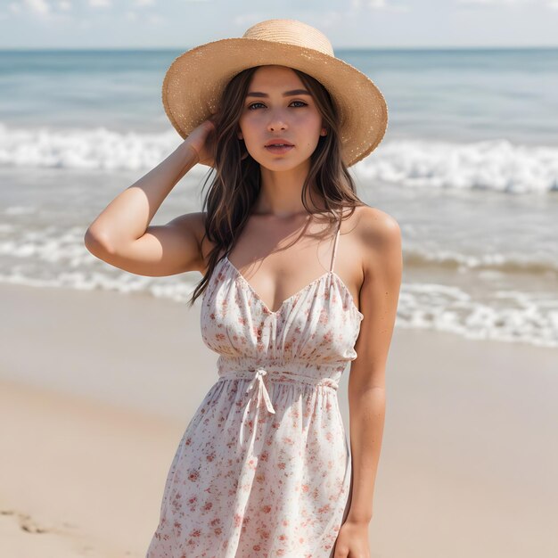 A woman on the beach fashionable dresses with straw hat