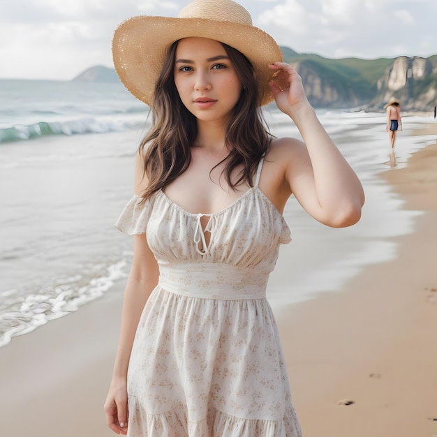 A woman on the beach fashionable dresses with straw hat