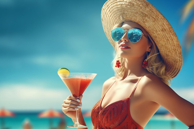 Woman on a beach holding a cocktail