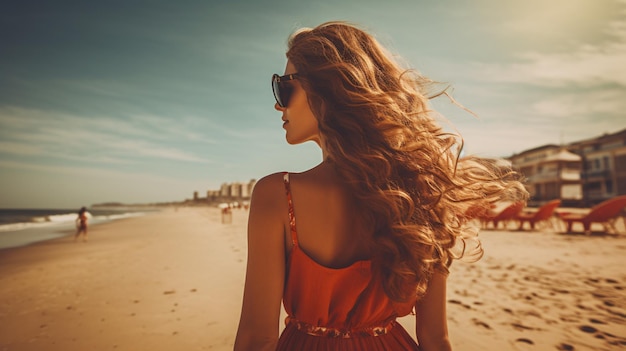 Woman at beach holding sunglasses