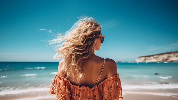 Woman at beach holding sunglasses