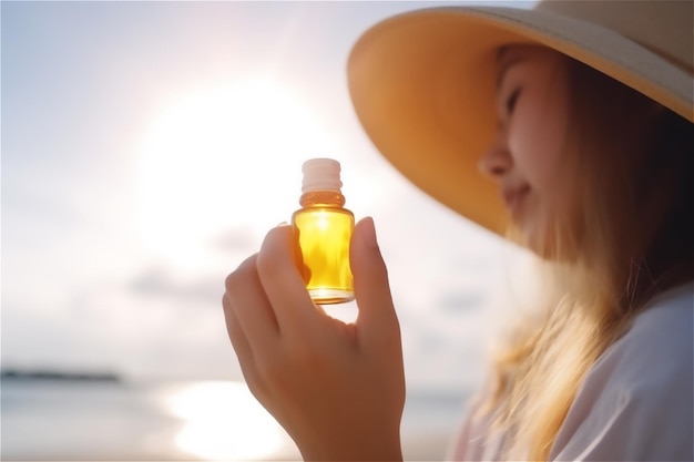Woman on beach in straw hat holding a bottle of sunscreen oil jar of sun protection supplement