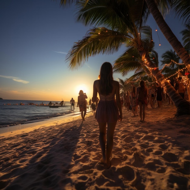 woman on the beach at sunset in a sand party