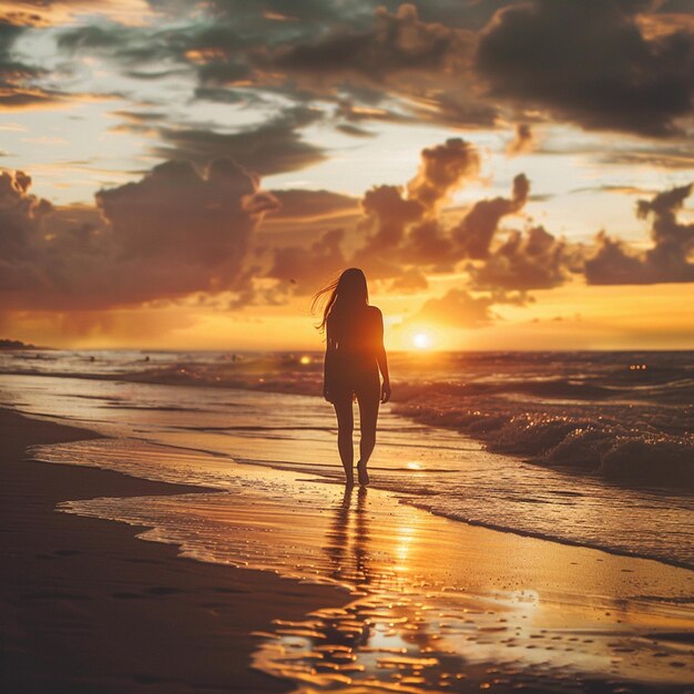 woman on the beach at sunset