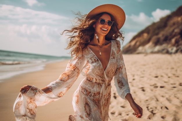 A woman on a beach wearing a dress and hat