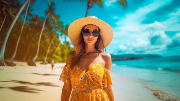 A woman on a beach wearing a hat and sunglasses