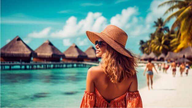 A woman on a beach wearing a hat and sunglasses