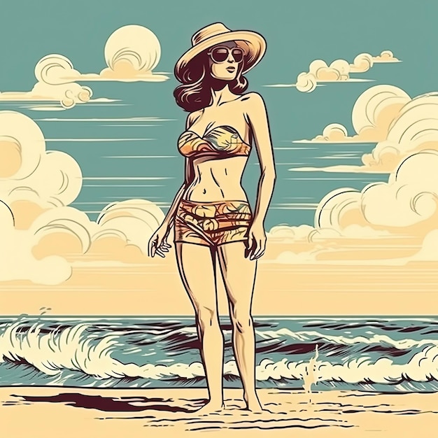 Photo a woman on a beach wearing a hat and sunglasses.