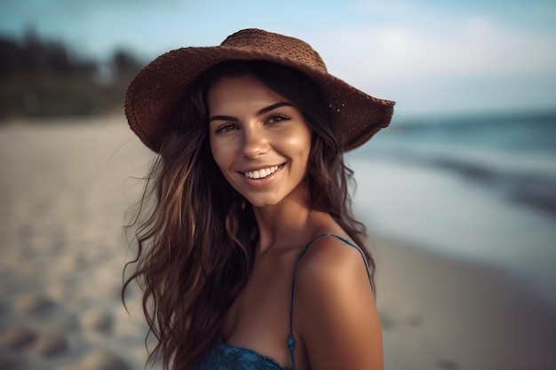 A woman on a beach wearing a hat