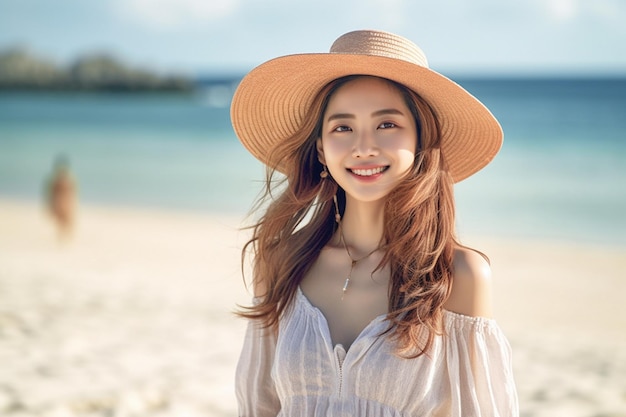 A woman on the beach white dress straw hat