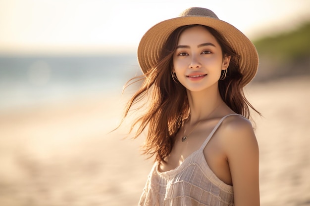 A woman on the beach white dress straw hat