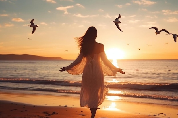 Photo woman on the beach with birds flying in the sky