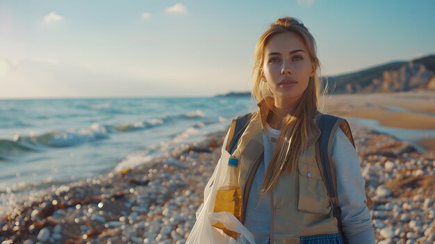 Foto una donna sulla spiaggia con una bottiglia d'acqua