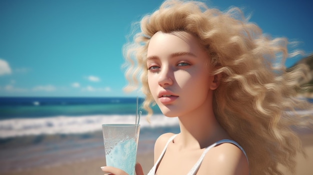 Женщина на пляже со стаканом фруктового сока на летних каникулах
