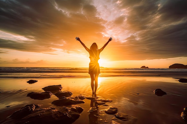 A woman on a beach with her arms raised in the air