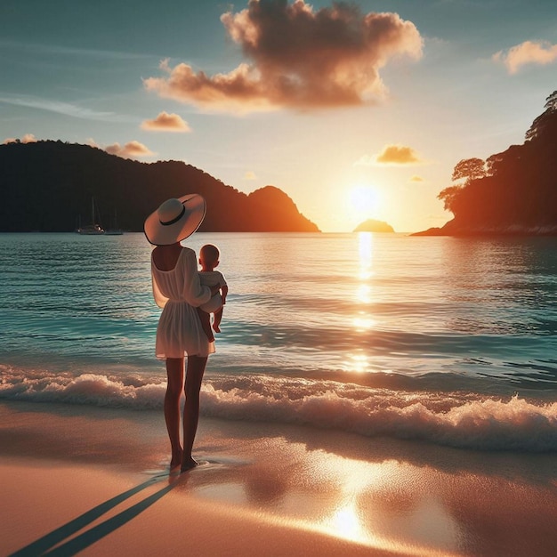 Woman at the beach with her baby enjoying the sunset