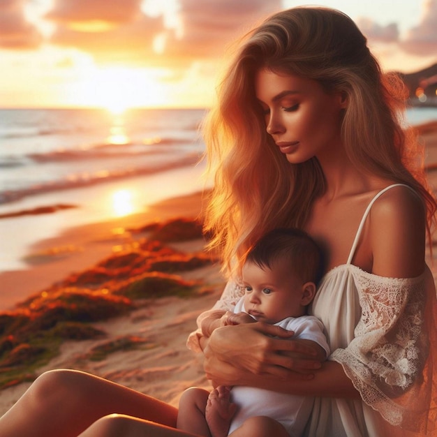 Woman at the beach with her baby enjoying the sunset