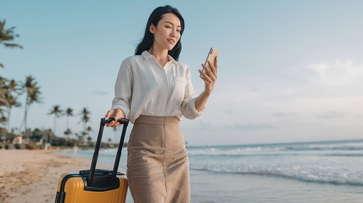 Photo スーツケースと電話を持ったビーチの女性