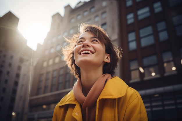 A woman beams with happiness in front of a modern building on a bustling city street