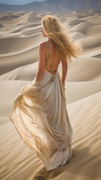 A woman in a beautiful dress in an arid desert Generative AI