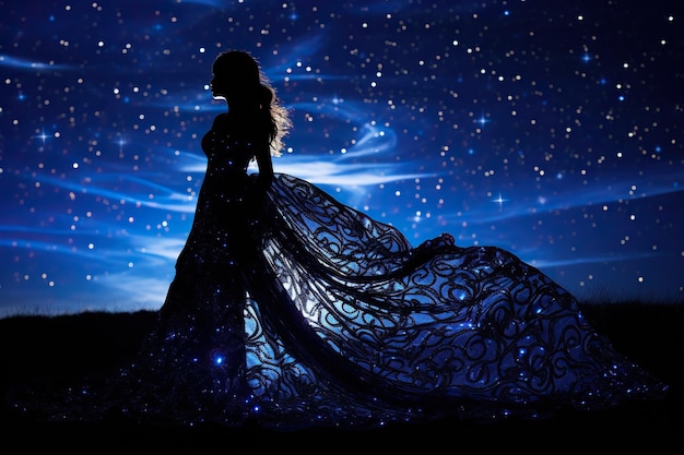 Photo a woman in a beautiful dress stands against the background of a clear magnificent starry night sky the concept of astrology and astronomy