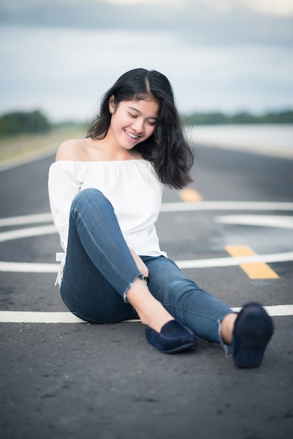 woman beautiful young happy with long dark hair