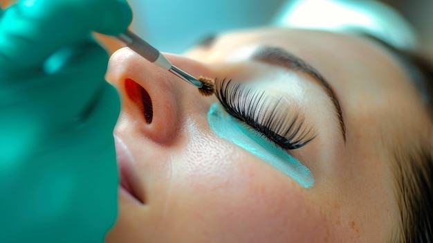 A woman in a beauty salon getting a permanent tattoo on her forehead