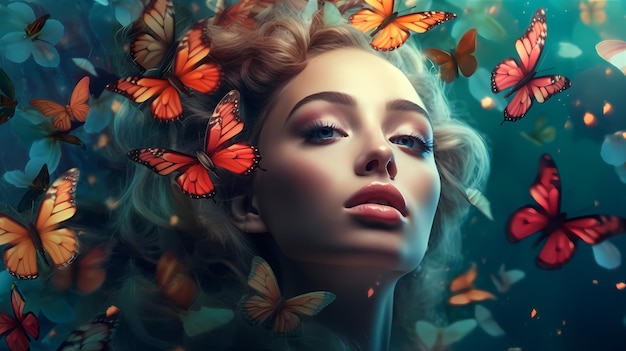 Photo woman beauty with makeup candy butterflies and rainbow close head shot