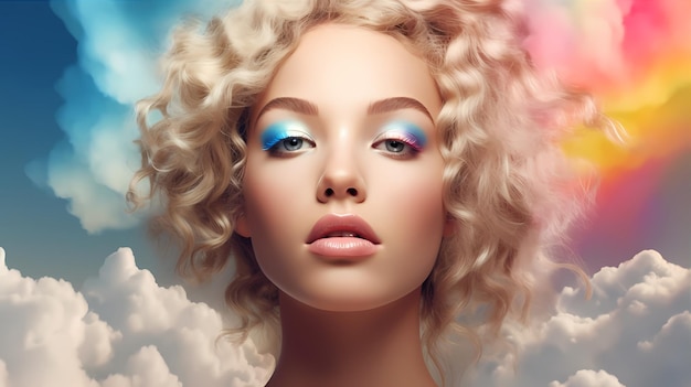 Photo woman beauty with makeup candy butterflies and rainbow close head shot