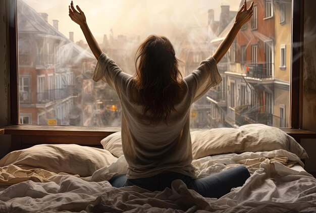 Photo woman in bed raising her arms in a morning in the style of smilecore