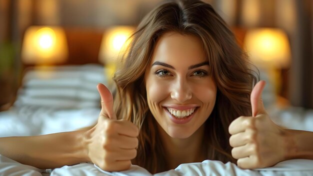 Woman in bed smiling and giving thumbs up expressing happiness and relaxation Concept Portrait Photography Smiling Woman Thumbs Up Gesture Happiness Relaxation