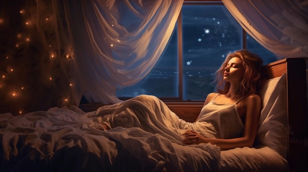 Photo a woman in a bed with a night sky behind her