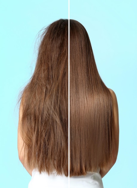 Photo woman before and after washing hair with moisturizing shampoo on turquoise background collage